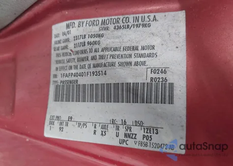 2001 Ford Mustang из США, поврежденный, VIN 1FAFP40401F193514